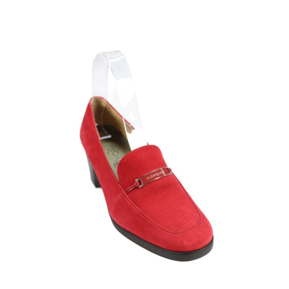 Yves Saint Laurent Womens Suede Gold Hardware Block Heel Loafers Red Size 5.5
